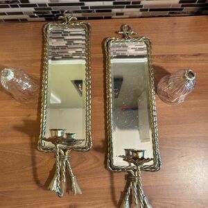 Vintage Ornate Brass Wall Mirror Sconces with Candle Holders - Gold